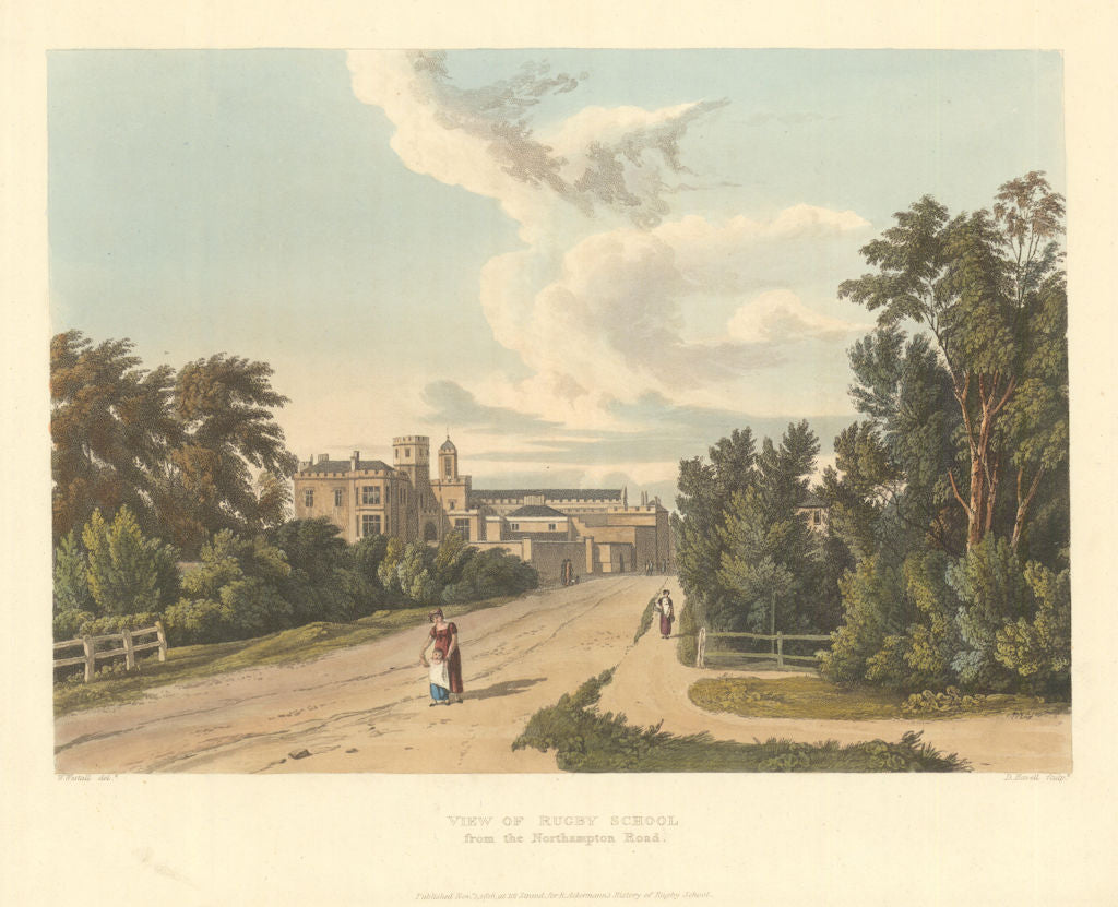 View of Rugby School, from the Northampton (Hillmorton) Road. Ackermann 1816